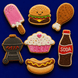 Cookies shaped like a pink ice cream pop, hamburger, chicken drumstick, grill, cupcake, hot dog, and soda bottle on a blue background from a  Set of Picnic Metal Cookie Cutters