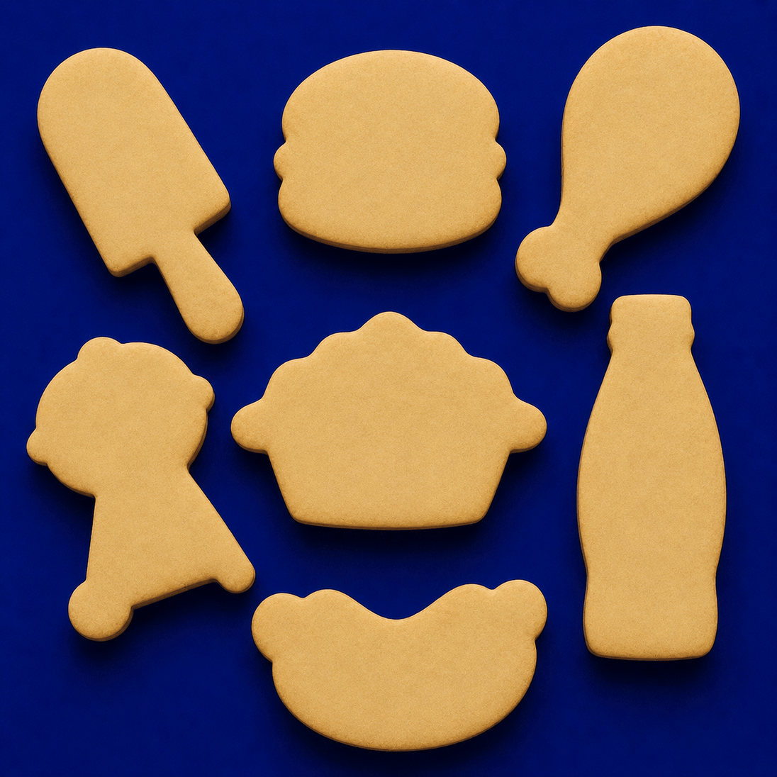 Cookie cutters shaped like food items on a blue background from a  Set of Picnic Metal Cookie Cutters