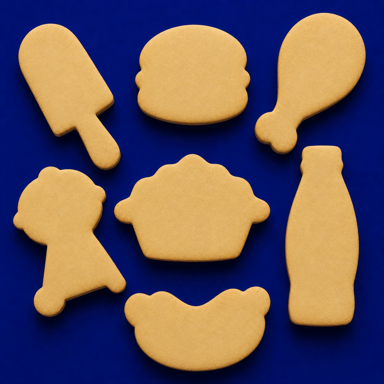 Cookie cutters shaped like food items on a blue background from a  Set of Picnic Metal Cookie Cutters