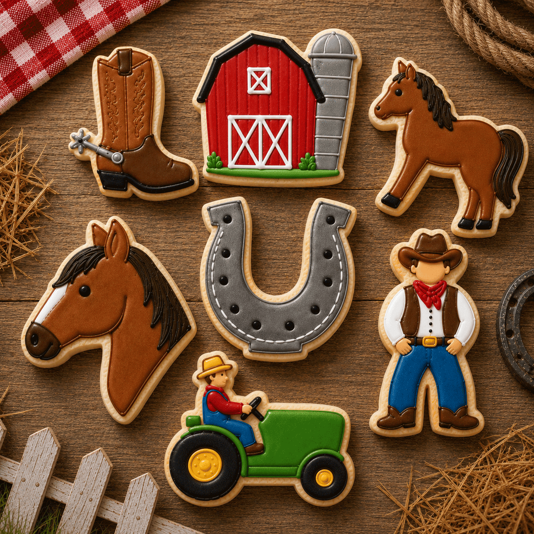 A set of seven rustic western-themed sugar cookies arranged on a wooden surface with styled farm props. The cookies include a cowboy, a tractor driver, a horseshoe, a red barn, a cowboy boot, a horse, and a cowboy standing figure from a Set of Ranch Metal Cookie Cutters