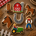 A set of seven rustic western-themed sugar cookies arranged on a wooden surface with styled farm props. The cookies include a cowboy, a tractor driver, a horseshoe, a red barn, a cowboy boot, a horse, and a cowboy standing figure from a Set of Ranch Metal Cookie Cutters