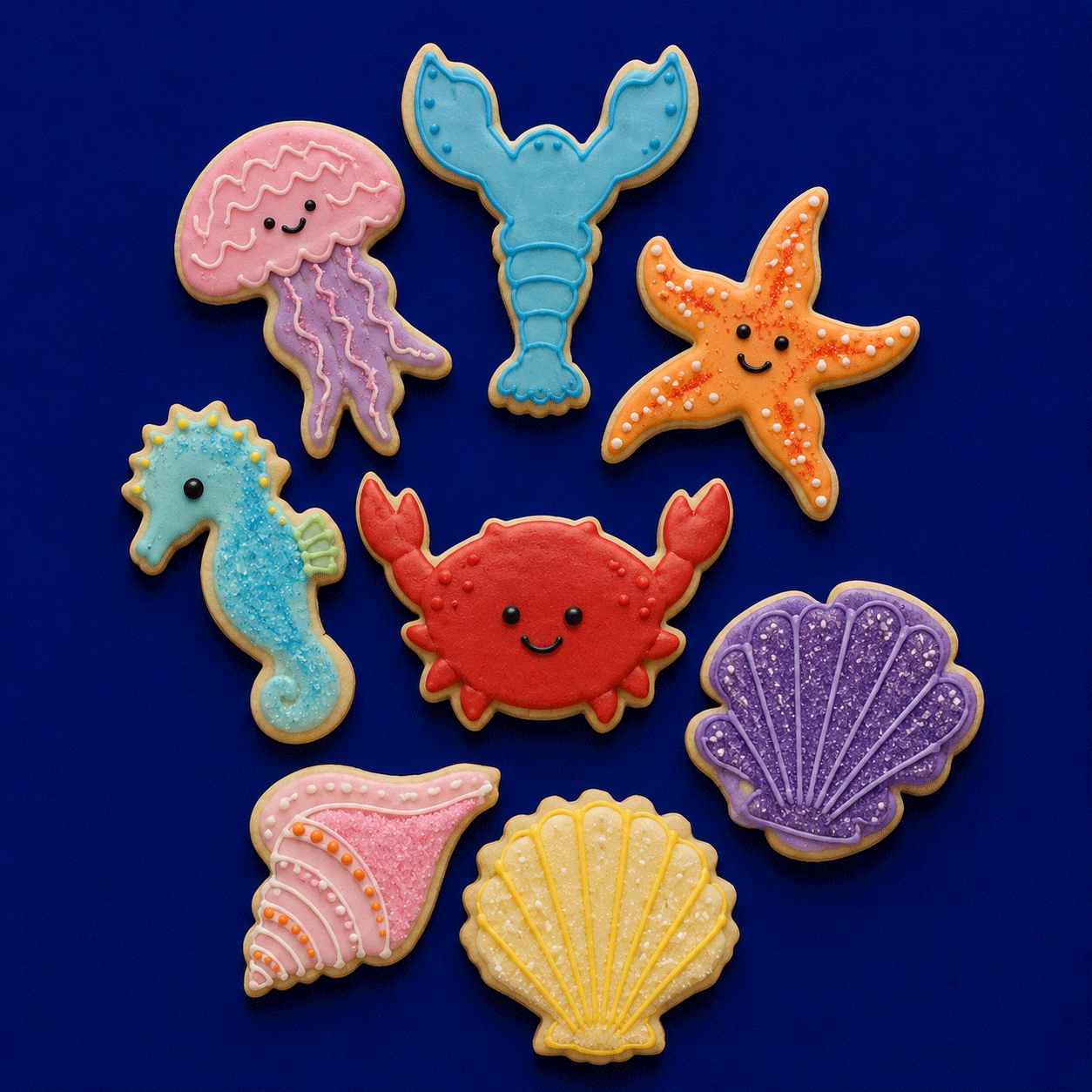 Colorful sea-themed cookies including a jellyfish, lobster, starfish, seahorse, crab, and shells on a blue background from a  Set of Sea Ocean Metal Cookie Cutters