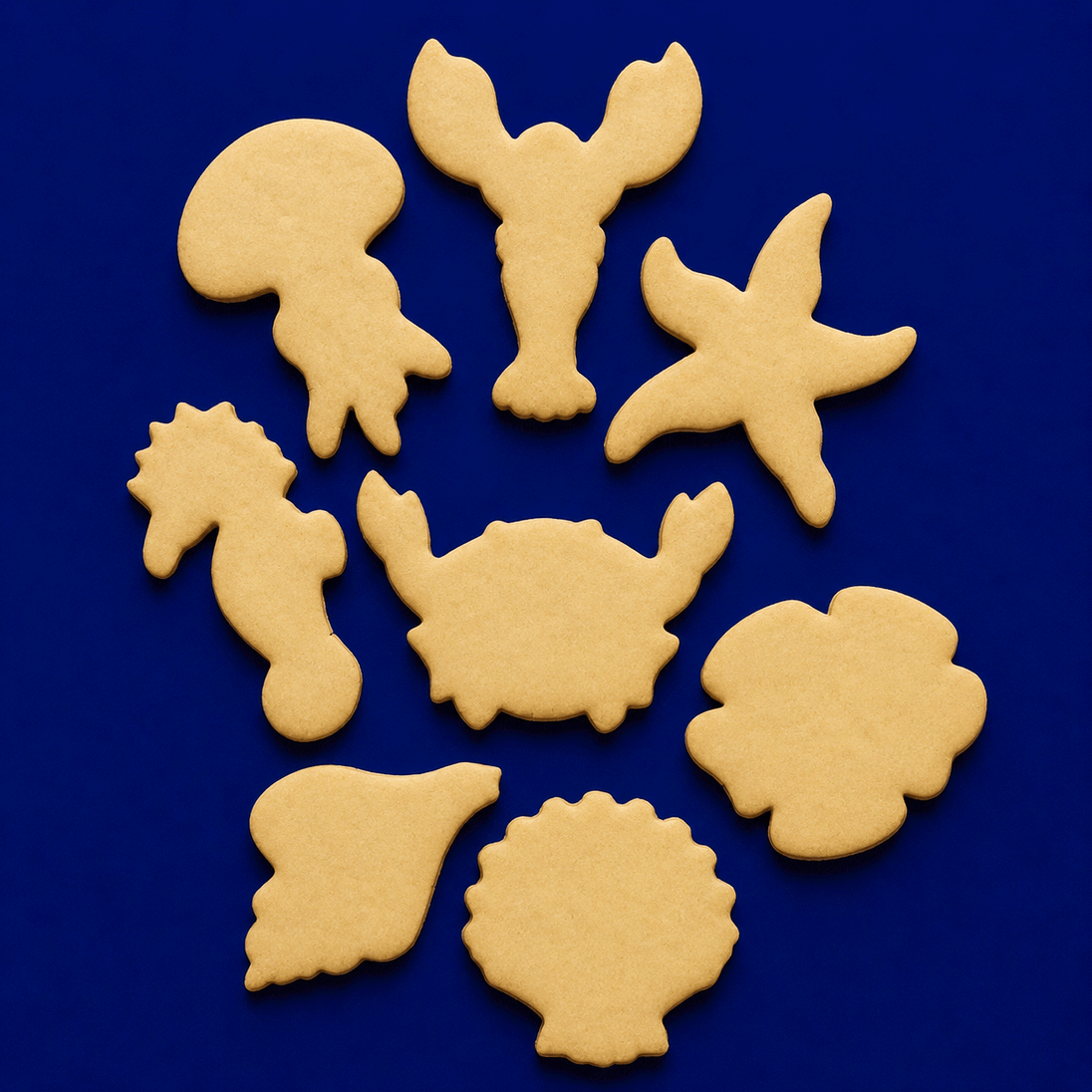 Set of sea creature cookies on a blue background from a Set of Sea Ocean Metal Cookie Cutters