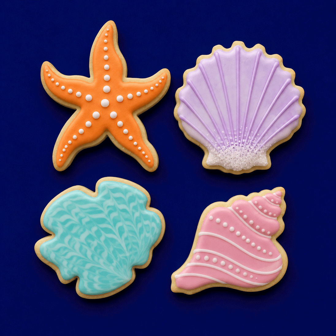 Four decorative cookies shaped like a starfish, shell, and two different types of shells on a blue background from a Set of Shells Sand Dollar and Starfish Metal Cookie Cutters