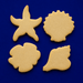 Four cookie cutters shaped like a starfish, sand dollar, and two different shell patterns on a blue background from a Set of Shells Sand Dollar and Starfish Metal Cookie Cutters
