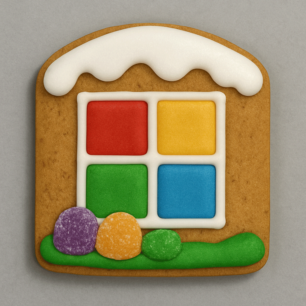 Decorative gingerbread cookie with colorful window design on a gray background from a 1.125 inch Gingerbread House Arched Window Cookie Cutter