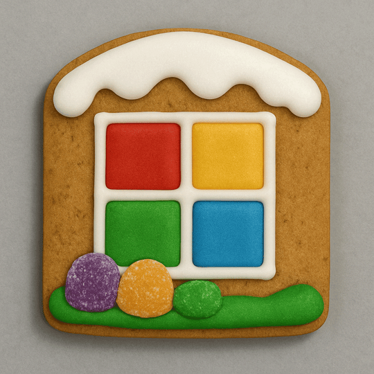 Decorative gingerbread cookie with colorful window design on a gray background from a 1.125 inch Gingerbread House Arched Window Cookie Cutter