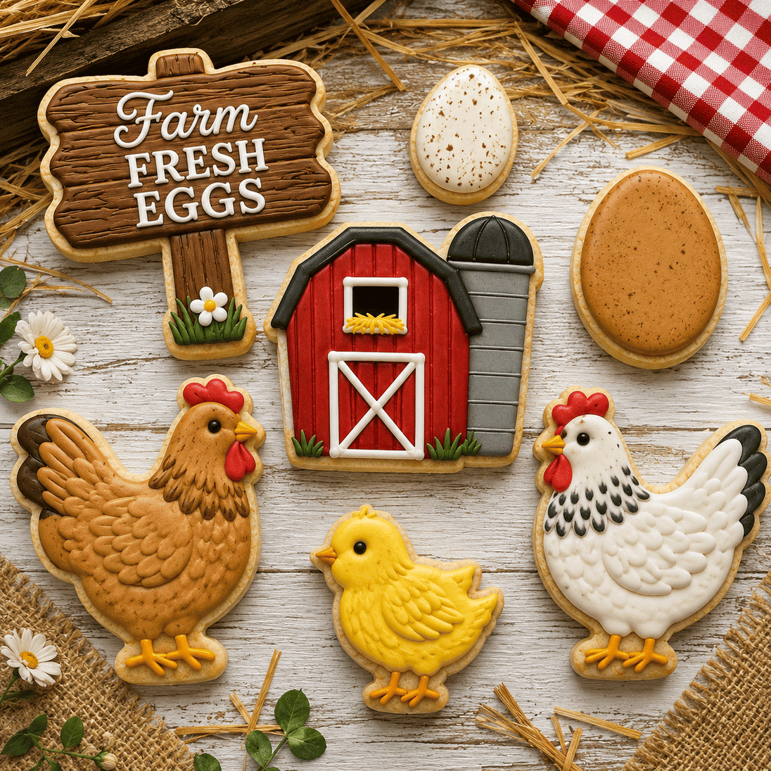 Cookie cutouts of a barn, chickens, and a chick on a rustic wooden background with 'Farm Fresh Eggs' sign from a Set of Barnyard Metal Cookie Cutters