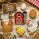 Cookie cutouts of a barn, chickens, and a chick on a rustic wooden background with 'Farm Fresh Eggs' sign from a Set of Barnyard Metal Cookie Cutters