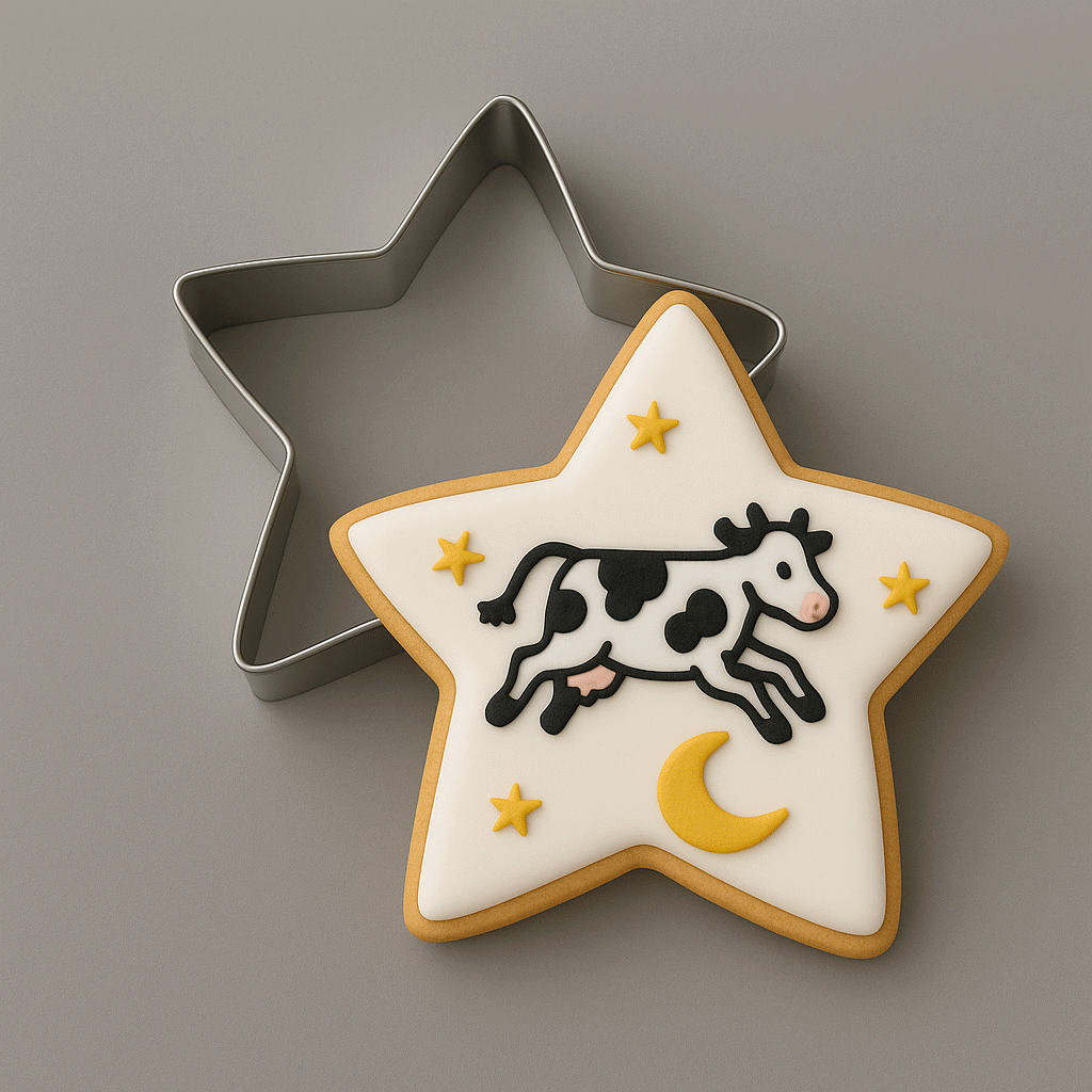 Star cookie with the cow jumping over the moon and it's cutter from a 3 inch Star Metal Cookie Cutter