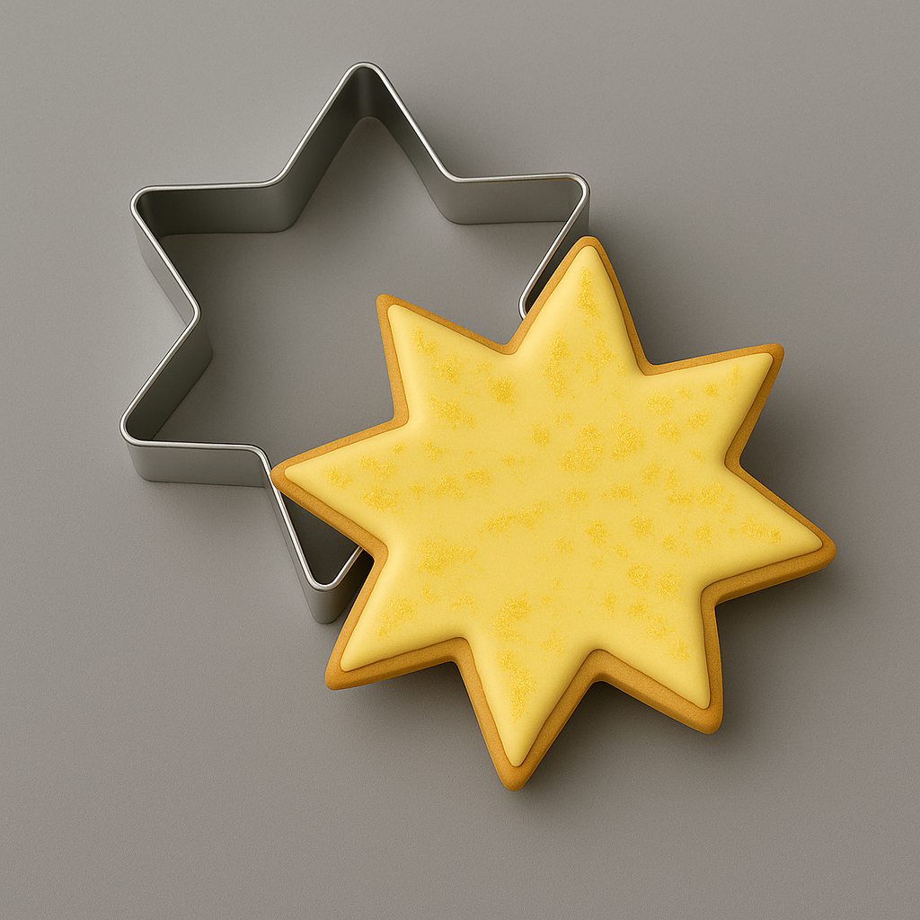 A metal star-shaped cookie cutter next to a yellow iced star-shaped cookie on a smooth gray surface from 3.5 inch Star of Bethlehem Moravian Star Metal Cookie Cutter