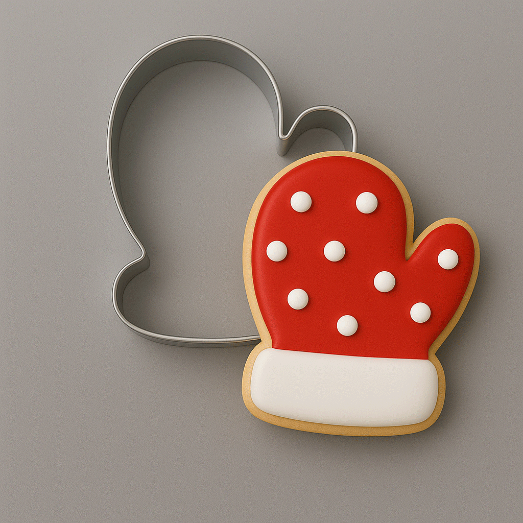 A 3.5 inch Mitten Metal Cookie Cutter with a red and white mitten decorated cookie