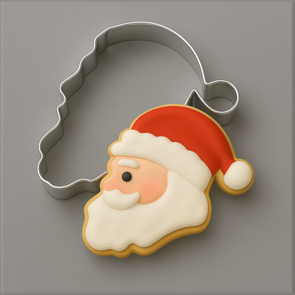 4 inch Santa Face Metal Cookie Cutter with a decorated cookie on a gray background
