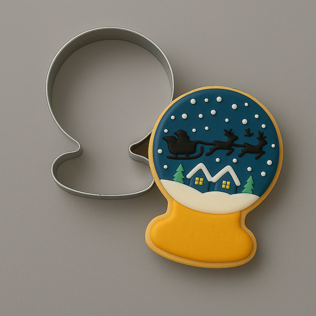 A Santa scene in a snow globe cookie with a 3.5 inch Snow Globe Metal Cookie Cutter