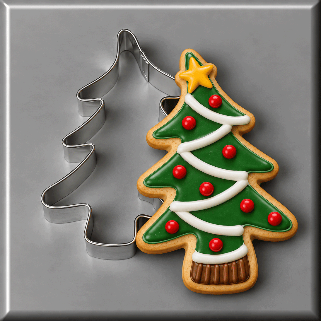 A Christmas tree decorated cookie and a 3 inch Folk Tree Metal Cookie Cutter