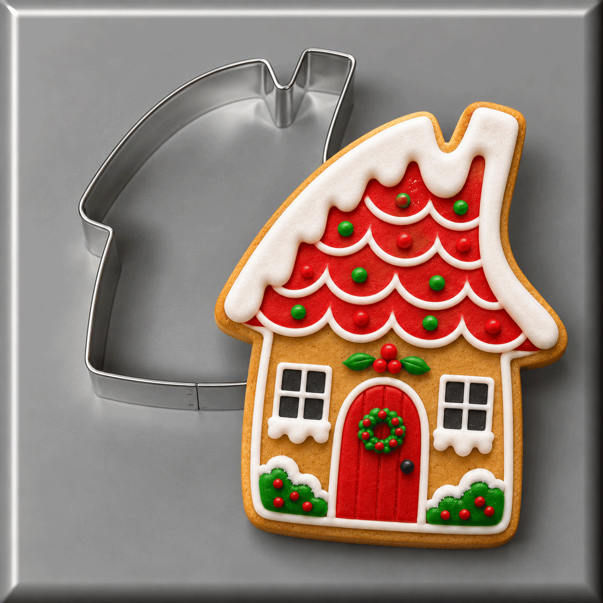 Folk gingerbread house decorated cookie with a 3 inch Folk Gingerbread House Metal Cookie Cutter