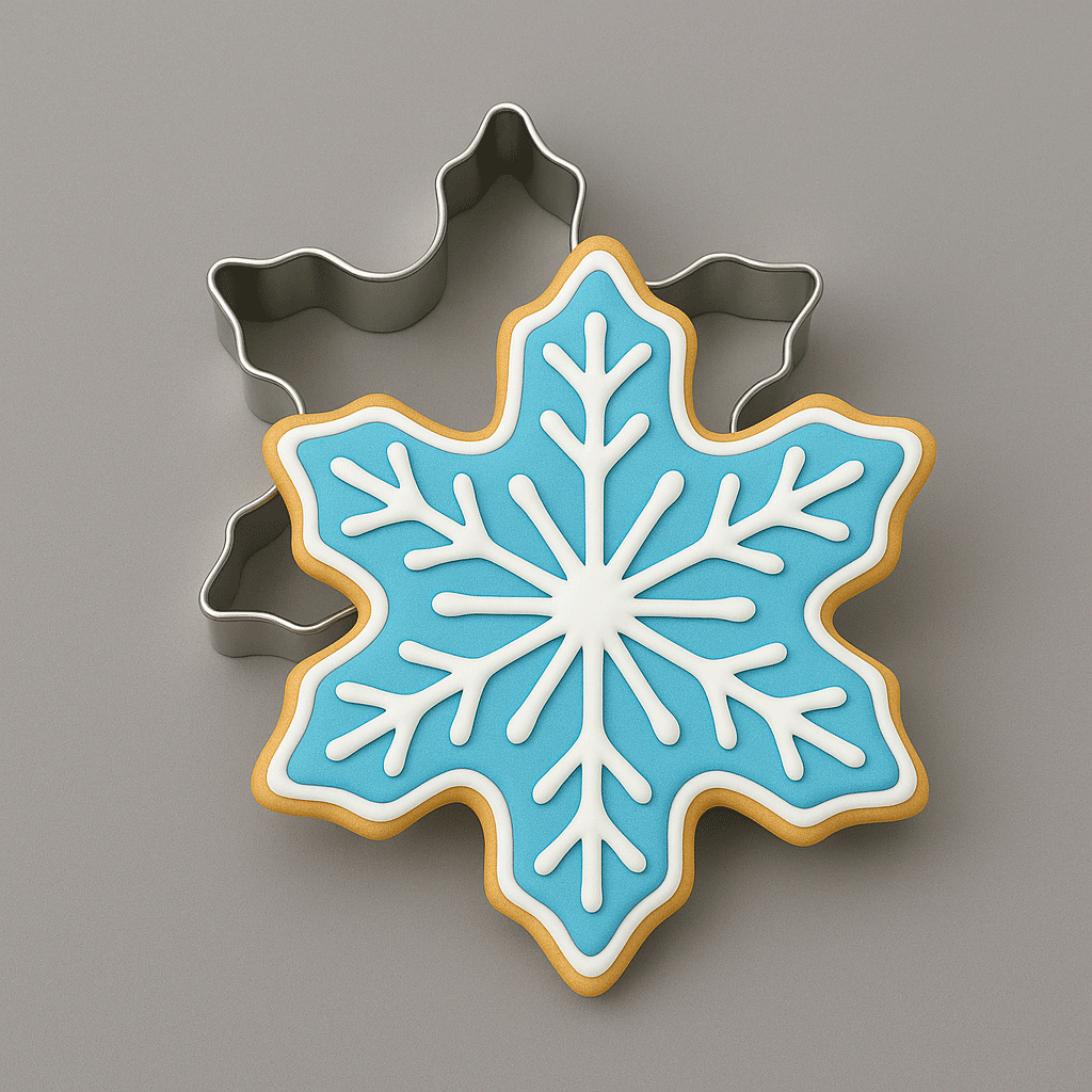 A blue and white snowflake cookie and a 3 inch Snowflake Metal Cookie Cutter