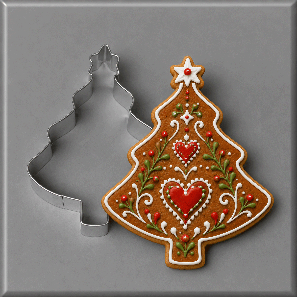 A 4 inch Tree with Star Metal Cookie Cutter shown beside a decorated gingerbread cookie in the same tree shape, on a smooth gray background.
