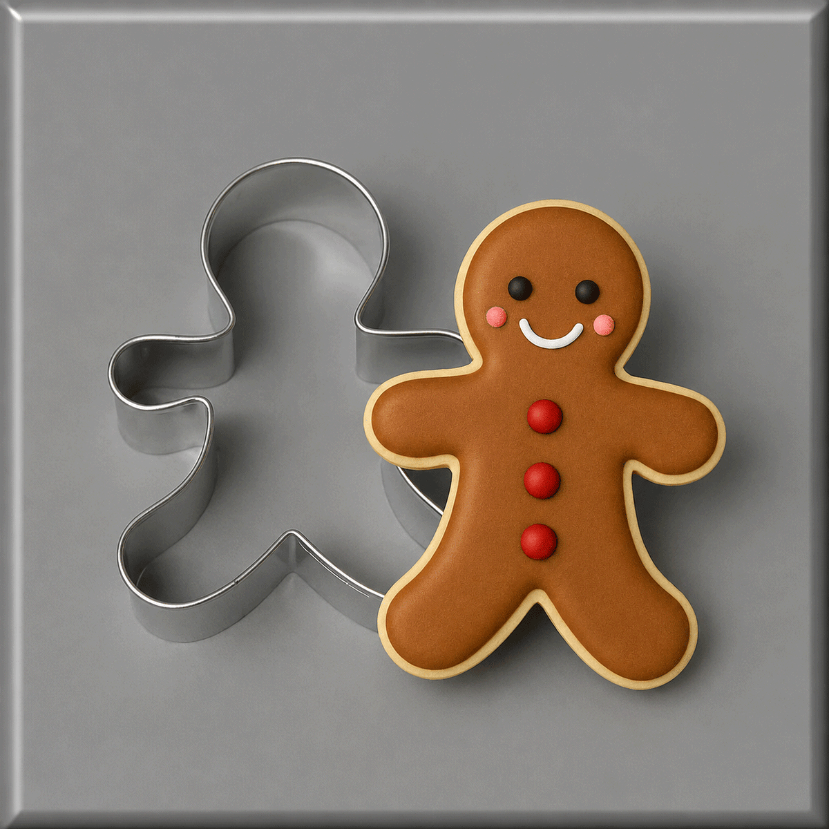 A 3 inch Gingerbread Boy Metal Cookie Cutter shown beside a decorated gingerbread man cookie on a smooth gray surface.