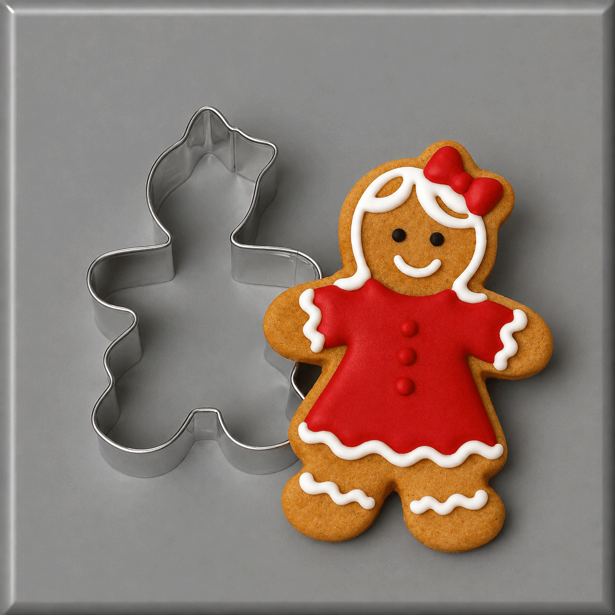 A 3 inch Gingerbread Girl Metal Cookie Cutter shown next to a decorated gingerbread cookie shaped like a girl in a red dress with white icing details, on a gray background.