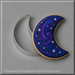 A crescent moon-shaped decorated cookie with a galaxy design in shades of blue, purple, and white, shown next to a 3 inch Crescent Moon Metal Cookie Cutter on a gray background.