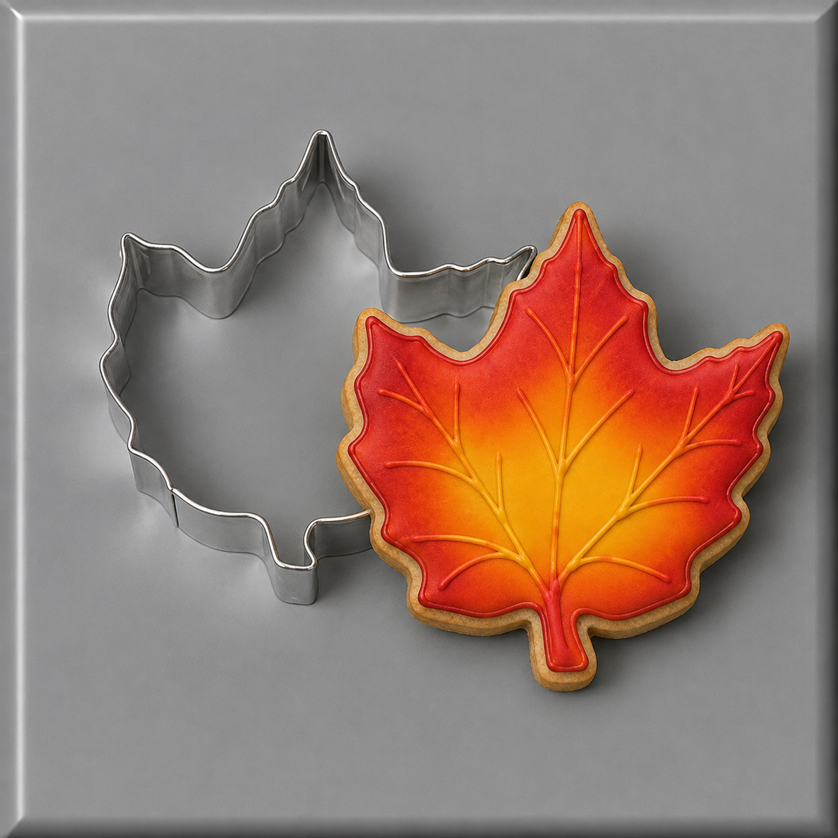 Both cookie and cutter in the same image  from a 3.25 inch Elm Leaf Metal Cookie Cutter
