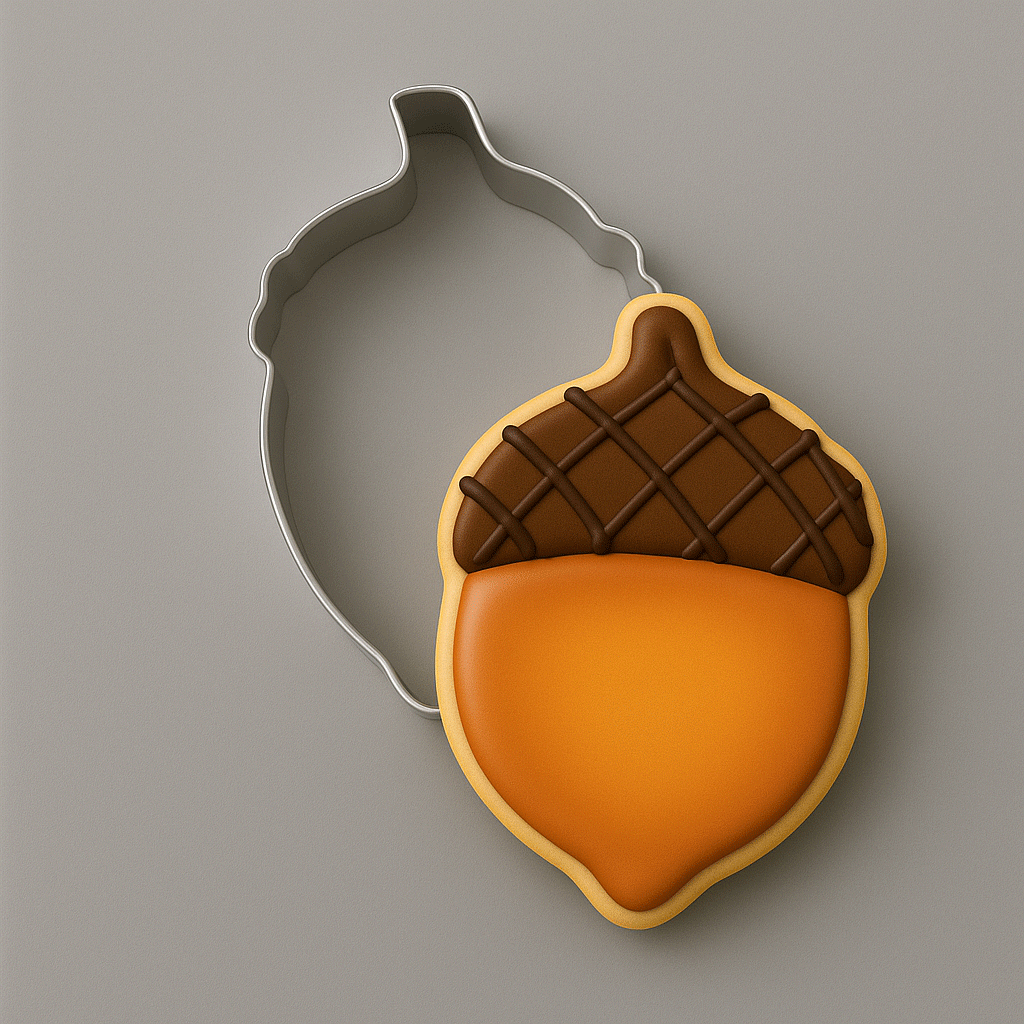 An acorn-shaped cookie with orange and brown icing, shown next to a 2.75 inch Acorn Metal Cookie Cutter on a solid gray background.