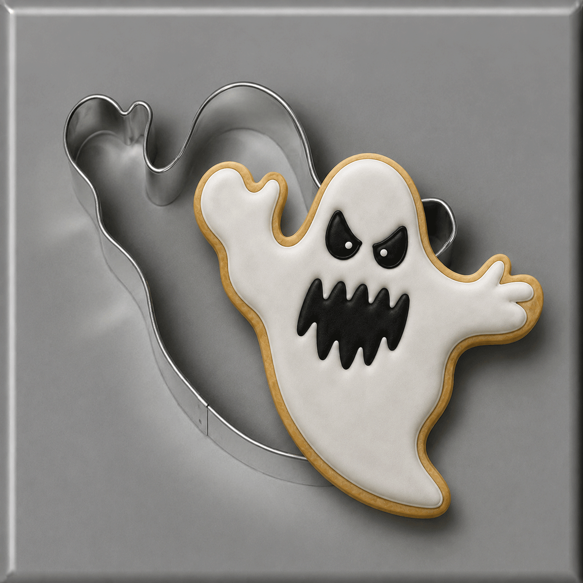 Scary ghost decorated cookie from a 3.5 inch Ghost Metal Cookie Cutter