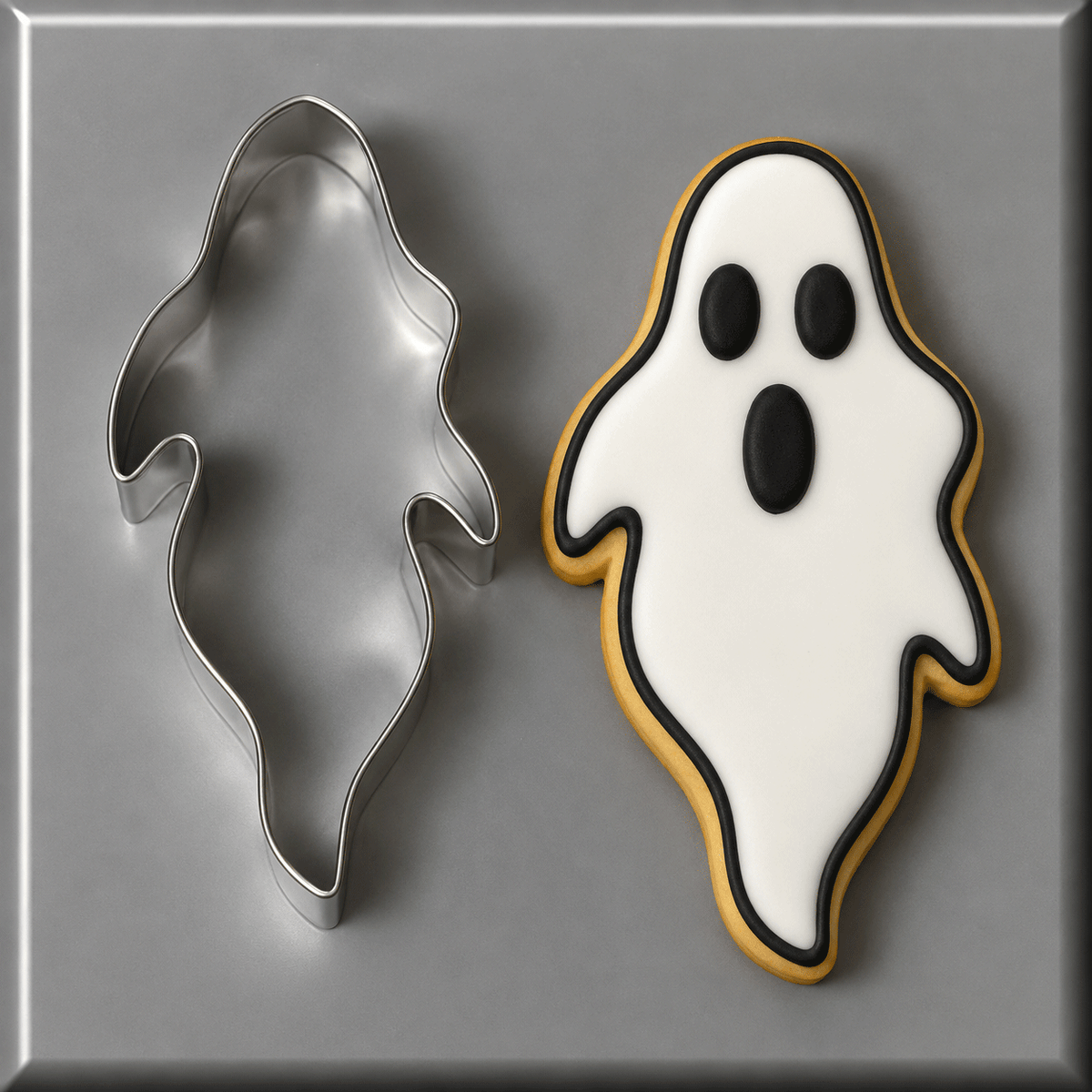 Ghost decorated cookie with a 5 inch Ghost Metal Cookie Cutter