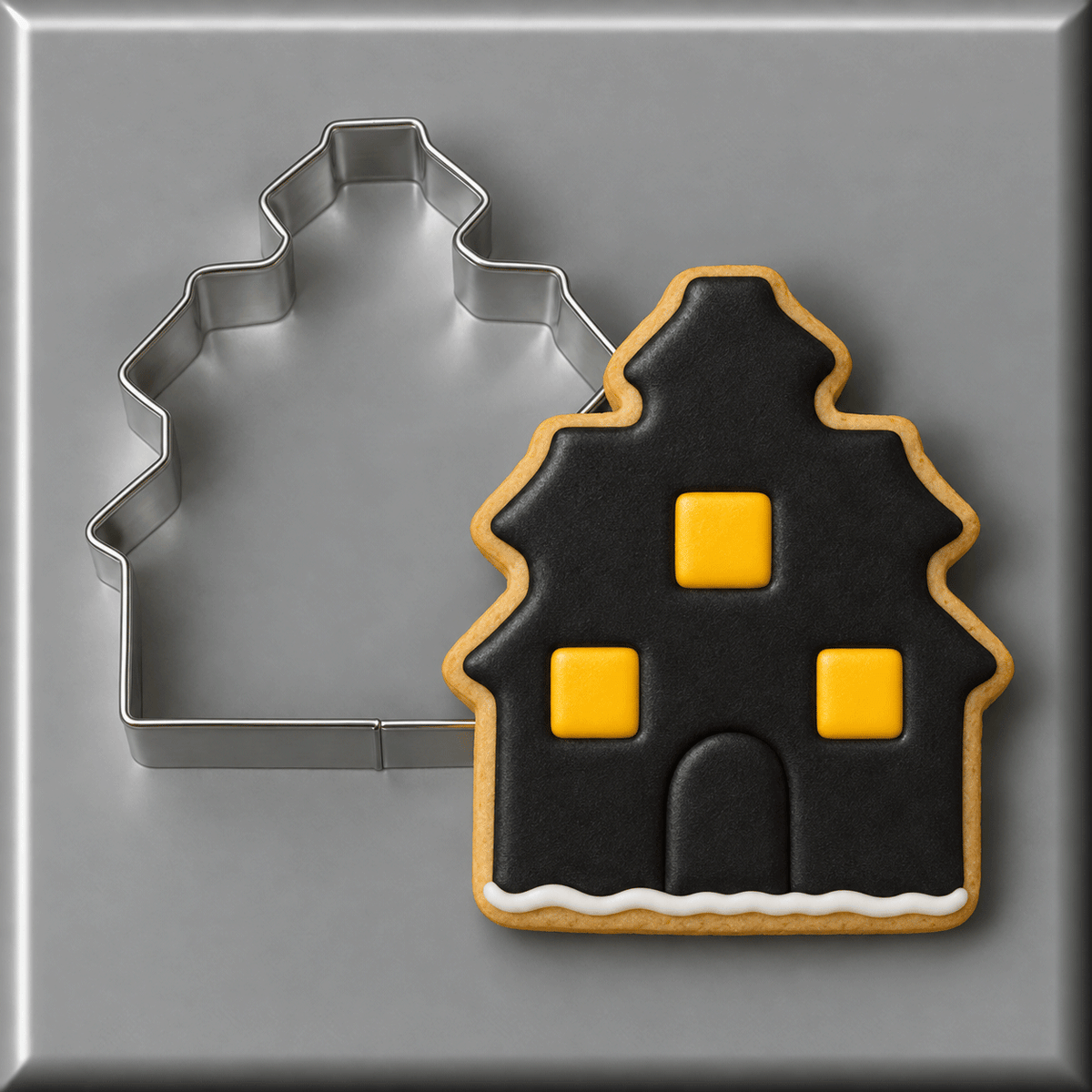 Haunted House decorated cookie with a 3.5 inch Haunted House Metal Cookie Cutter