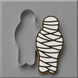 A 5 inch Mummy Metal Cookie Cutter next to a decorated ghost-shaped cookie with white icing, black banding details, set against a solid gray background.