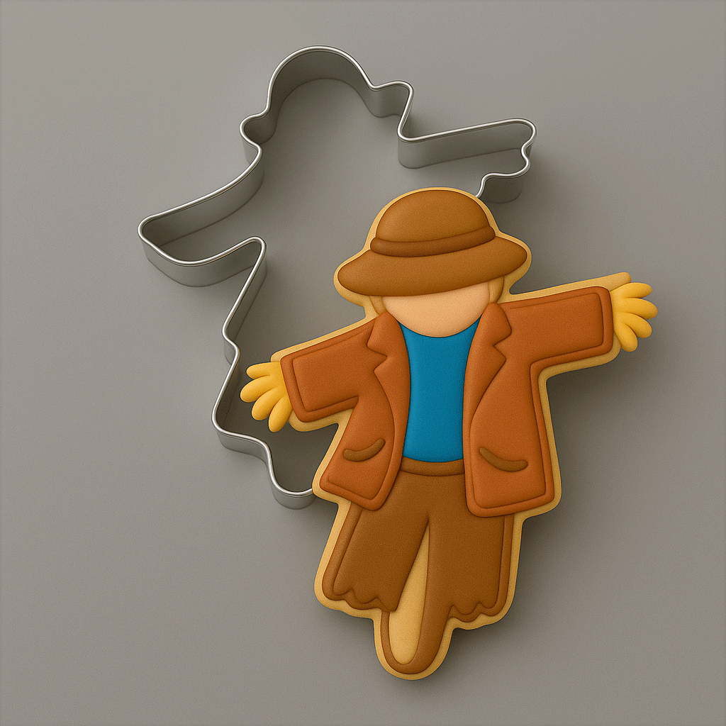 A decorated scarecrow-shaped cookie or cookie cutter design shown on a plain gray background. The figure wears a brown hat, brown jacket and pants, a bright blue shirt, and yellow hands, with a 4 inch Scarecrow Metal Cookie Cutter outline behind it.