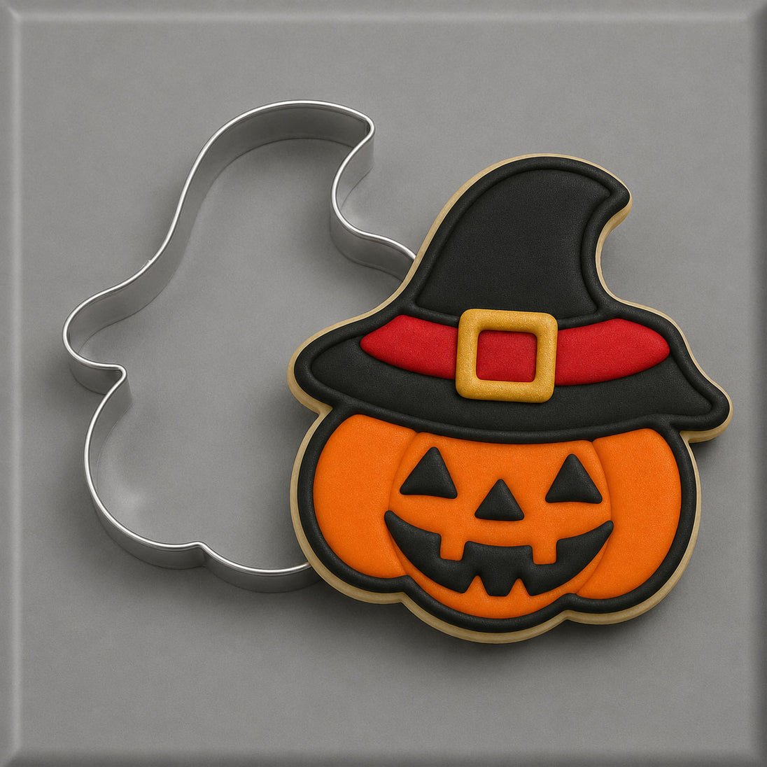 Decorated cookie and cutter from a 4 inch Pumpkin in Hat Metal Cookie Cutter