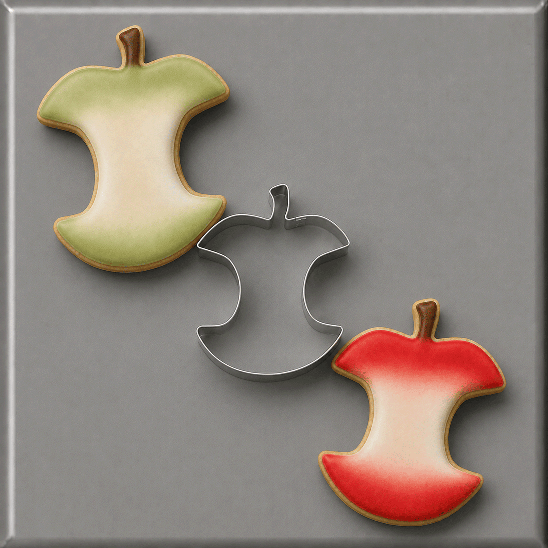 Green and red air brushed cookies along with the cutter from a 4 inch Apple Core Metal Cookie Cutter