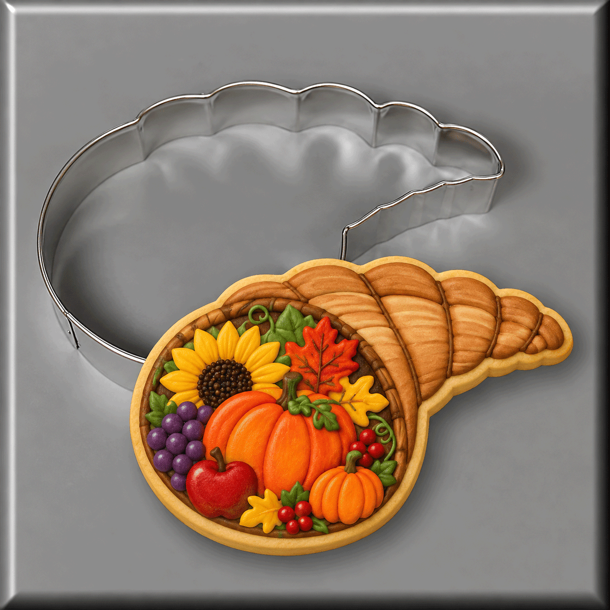 A cornucopia decorated cookie with a 3 inch Cornucopia Metal Cookie Cutter