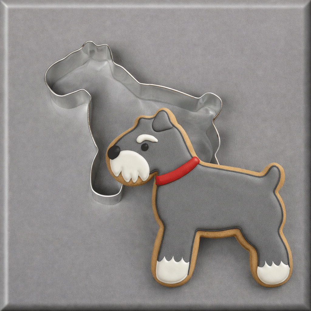 A 4.75 inch Schnauzer Metal Cookie Cutter behind a decorated dog cookie