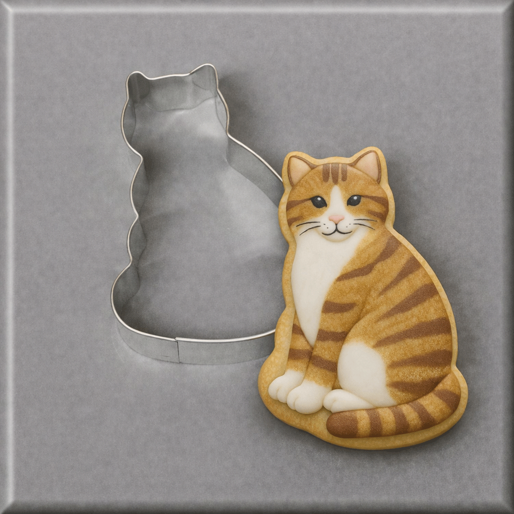 A tabby cat cookie in front of a 3 inch Pussy Cat Metal Cookie Cutter