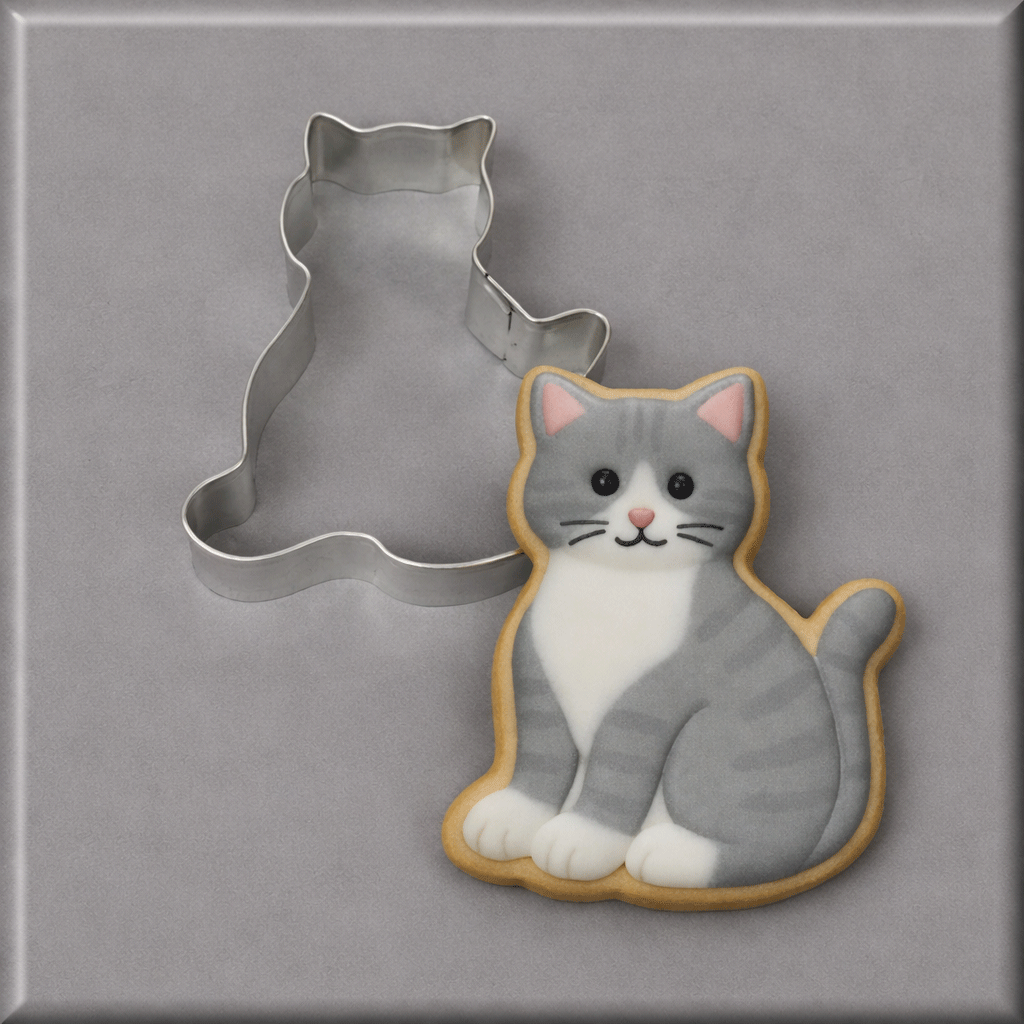 A grey cat cookie in front of a 3 inch Kitten Metal Cookie Cutter