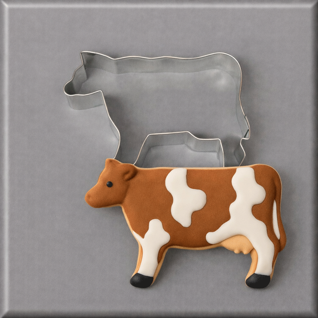 A brown and white cow cookie in front of a 4 inch Cow Metal Cookie Cutter
