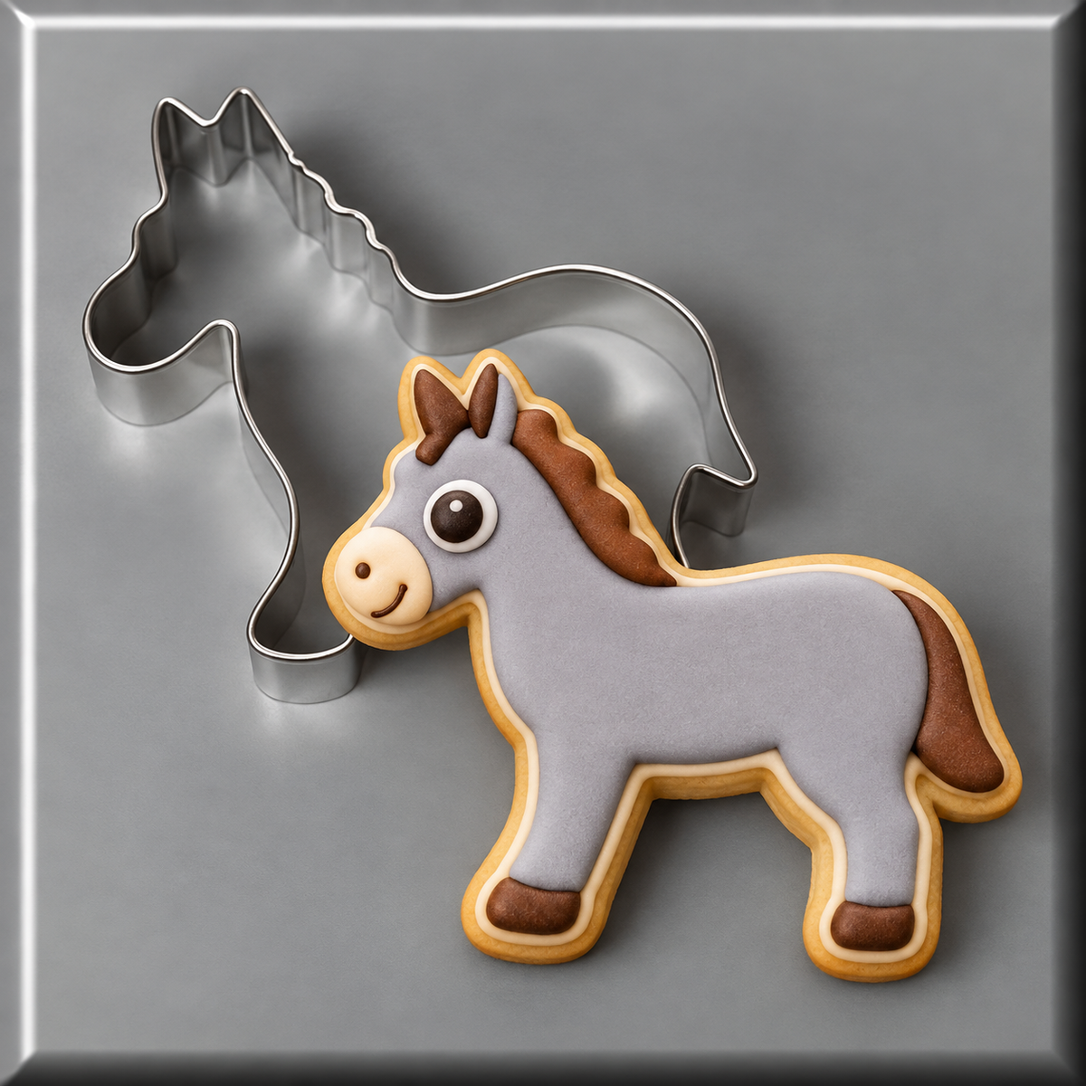 Gray decorated cookie of donkey with a 3.75 inch Donkey Metal Cookie Cutter