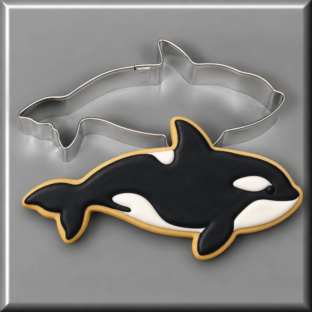 A black and white killer whale along side a 4 inch Killer Whale Metal Cookie Cutter