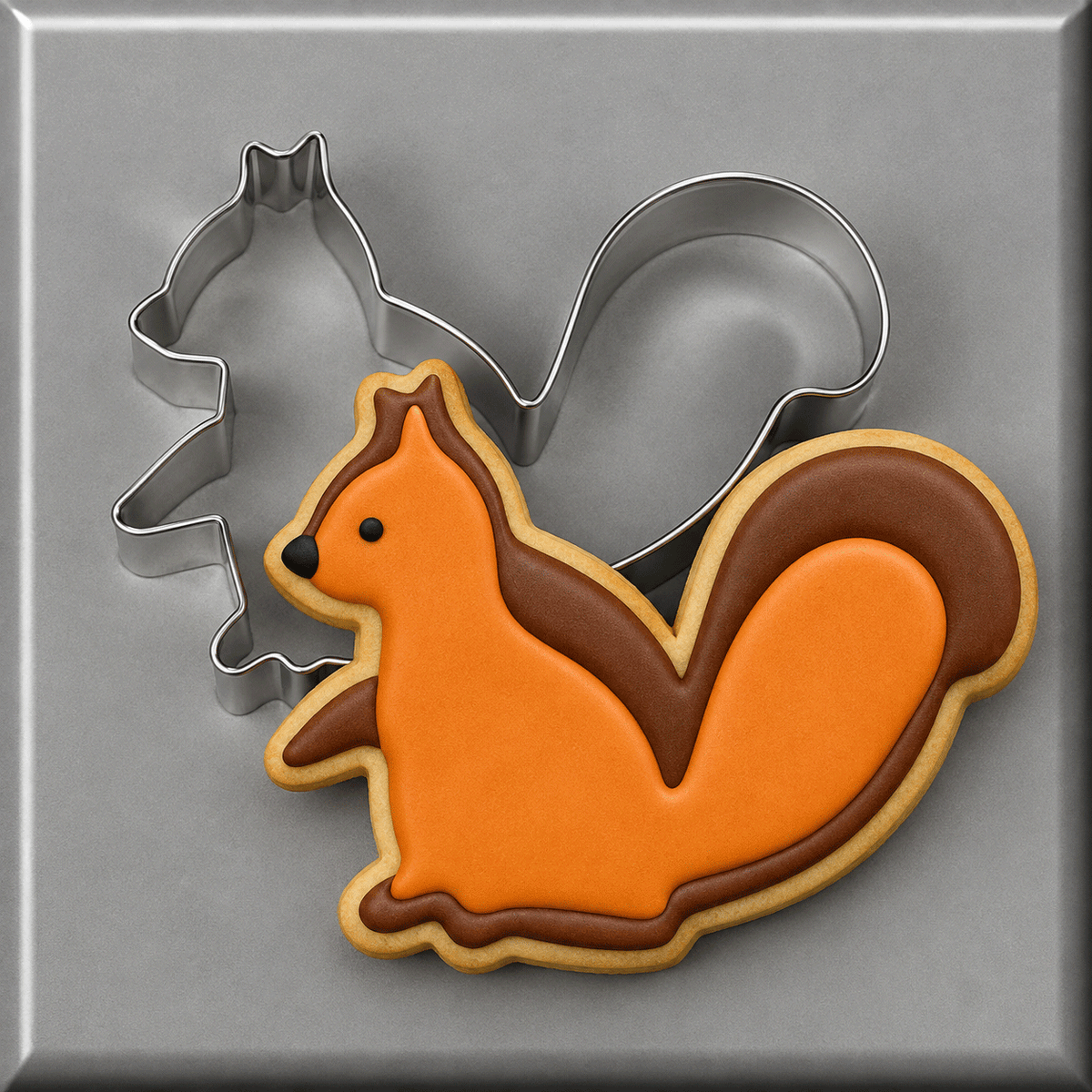 A decorated sugar cookie shaped like a squirrel in orange and brown icing, shown with a 3 inch Squirrel Metal Cookie Cutterr in the background on a gray surface.