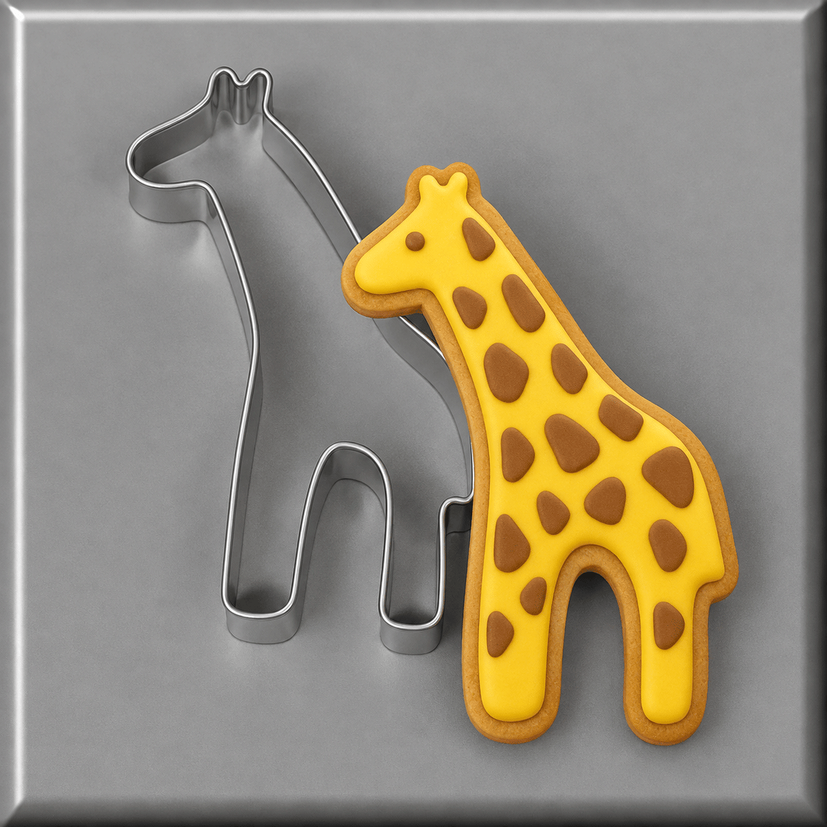 A 4.5 inch Primitive Giraffe Metal Cookie Cutter placed next to a decorated yellow giraffe-shaped cookie on a gray background.