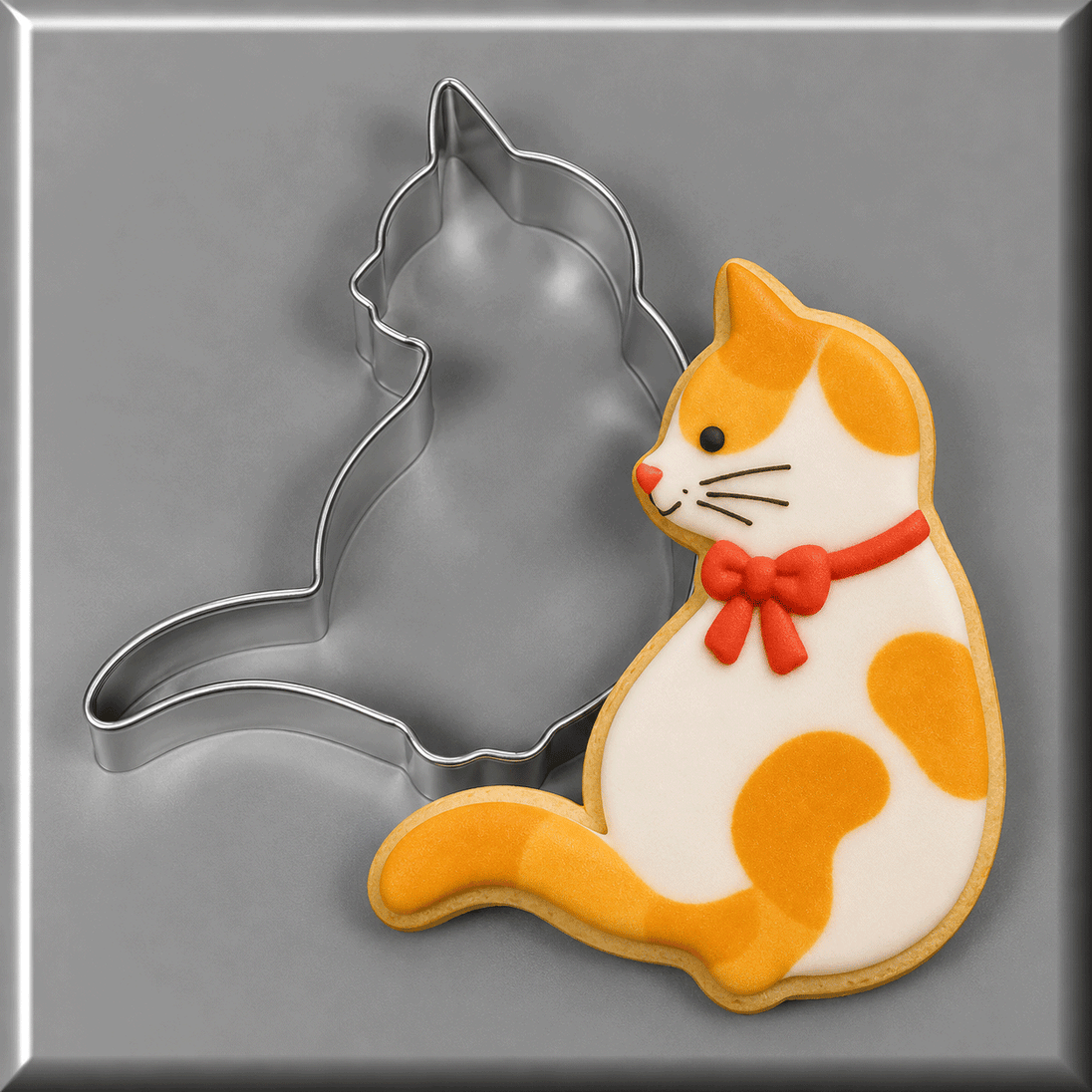 A 4.5 inch Cat Metal Cookie Cutter positioned beside a decorated sugar cookie shaped like a white cat with orange patches and a red bow, on a gray background.