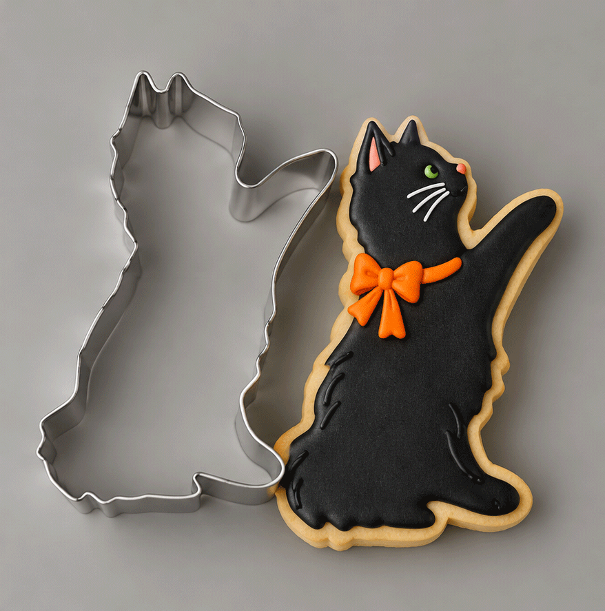 A black cat-shaped sugar cookie with an orange bow and green eye, shown next to a 4 inch Cat Metal Cookie Cutter on a neutral gray background.
