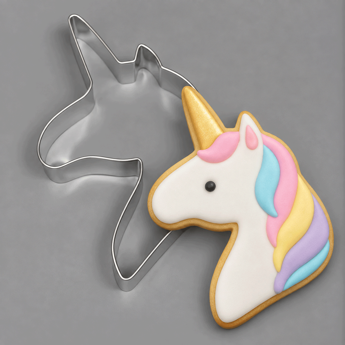 Unicorn cookie and a 5 inch Unicorn Metal Cookie Cutter