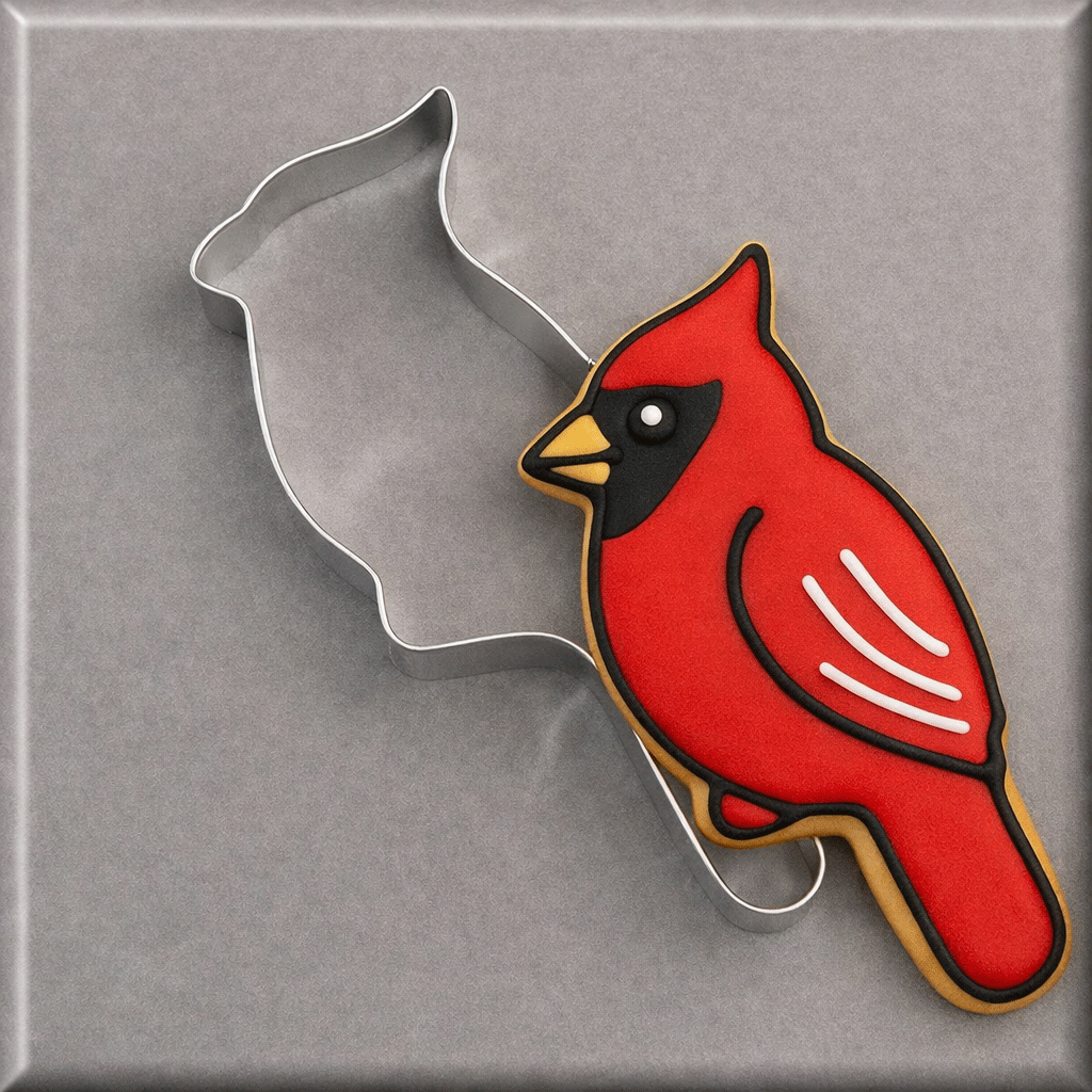 A red cardinal-shaped sugar cookie with yellow and black icing details, shown next to a 4.5 inch Cardinal Metal Cookie Cutter on a gray background.
