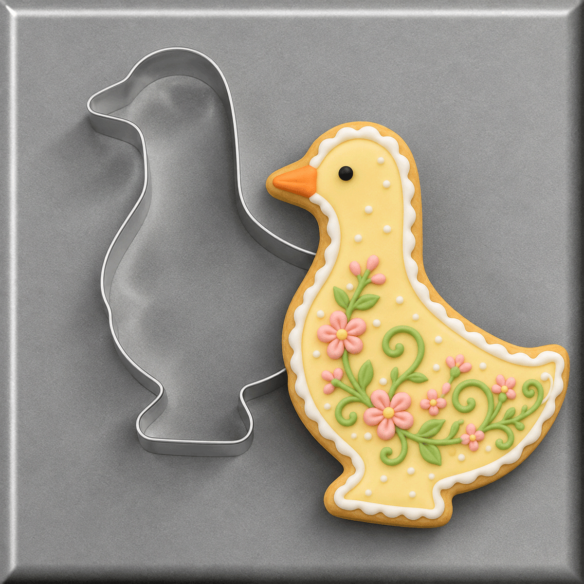 A 5 inch Goose Metal Cookie Cutter shown beside a decorated yellow goose-shaped cookie with pink flowers, green leaves, white icing dots, and an orange beak on a gray background.