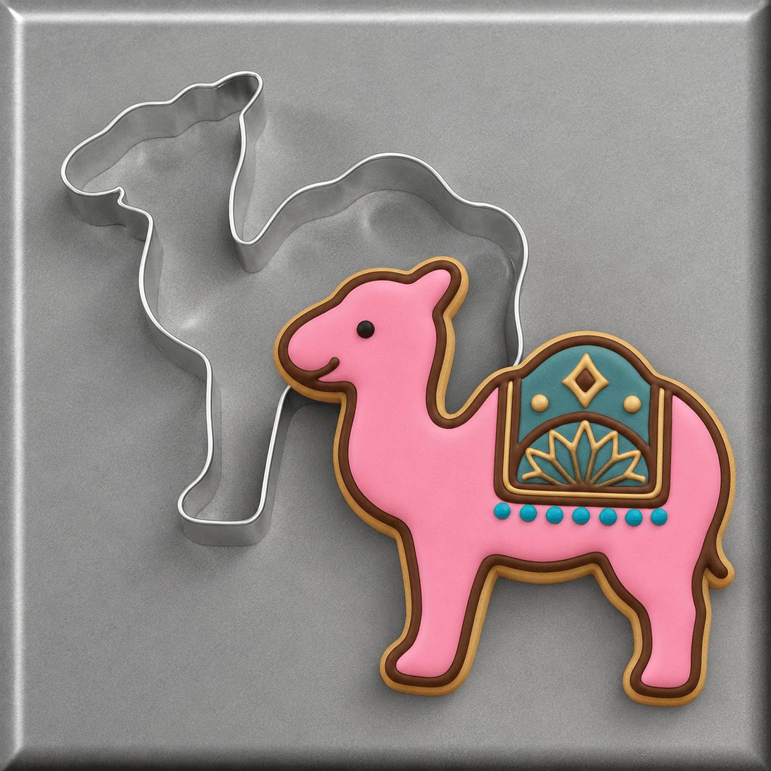 A pink camel cookie shown next to a 4 inch Camel Metal Cookie Cutter