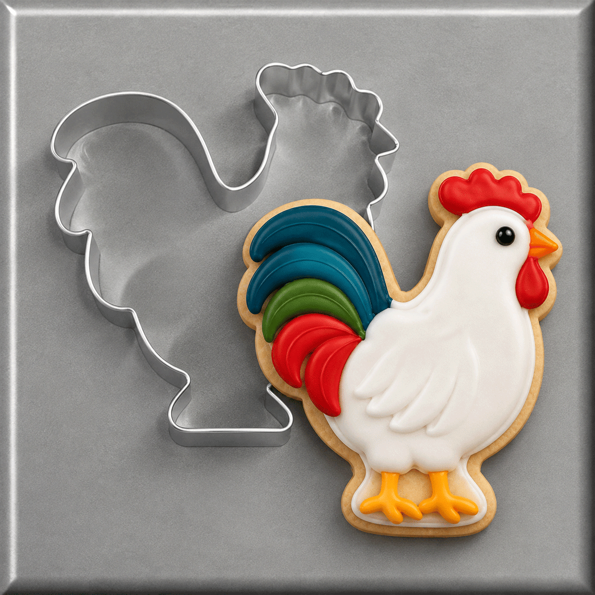 A rooster cookie shown next to a 4.25 inch Rooster Metal Cookie Cutter